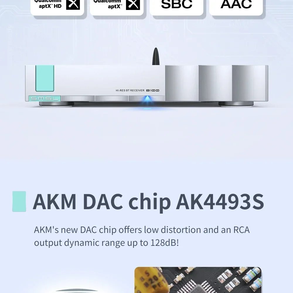 SMSL B100 Digital Audio Bluetooth Music Decoder Receiver AK4493S Chip Bluetooth 5.1 DAC 24bit 192kHz Supports LDAC APTX SBC AAC SMSL B100 Digital Audio Bluetooth Music Decoder Receiver AK4493S Chip Bluetooth 5.1 DAC 24bit 192kHz Supports LDAC APTX SBC AAC
