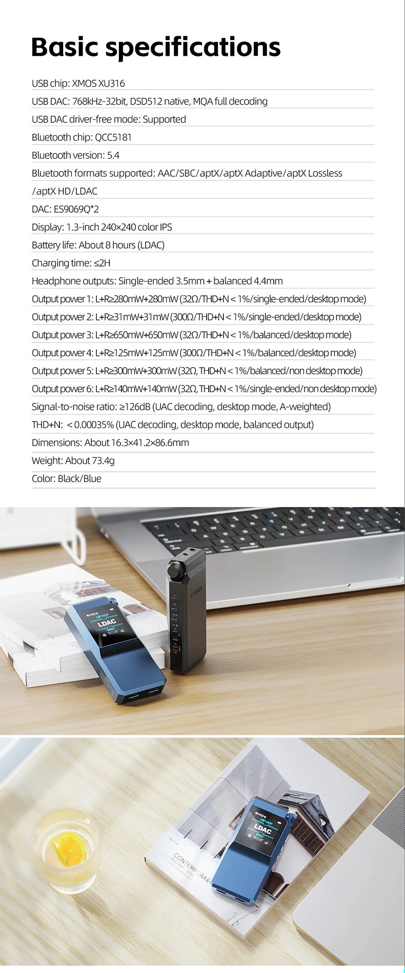 FiiO BTR17 Headphone Amp Bluetooth 5.4 Receiver with LDAC/aptX Lossless support,  Hi-Res Portable DAC 768K/32Bit DSD512