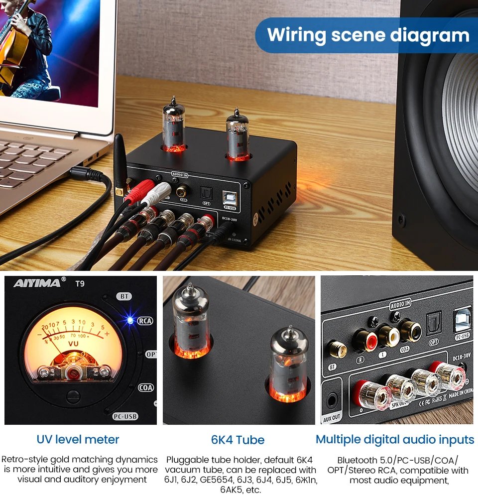 AIYIMA Audio T9 Bluetooth 5.0 Vacuum Tube Amplifier USB DAC Stereo Receiver COAX/OPT HiFi Home Audio Digital Amp w/VU Meter 100W AIYIMA Audio T9 Bluetooth 5.0 Vacuum Tube Amplifier USB DAC Stereo Receiver COAX/OPT HiFi Home Audio Digital Amp w/VU Meter 100W