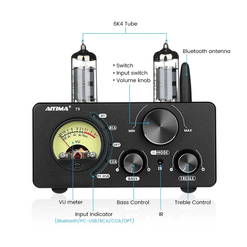 AIYIMA Audio T9 Bluetooth 5.0 Vacuum Tube Amplifier USB DAC Stereo Receiver COAX/OPT HiFi Home Audio Digital Amp w/VU Meter 100W AIYIMA Audio T9 Bluetooth 5.0 Vacuum Tube Amplifier USB DAC Stereo Receiver COAX/OPT HiFi Home Audio Digital Amp w/VU Meter 100W