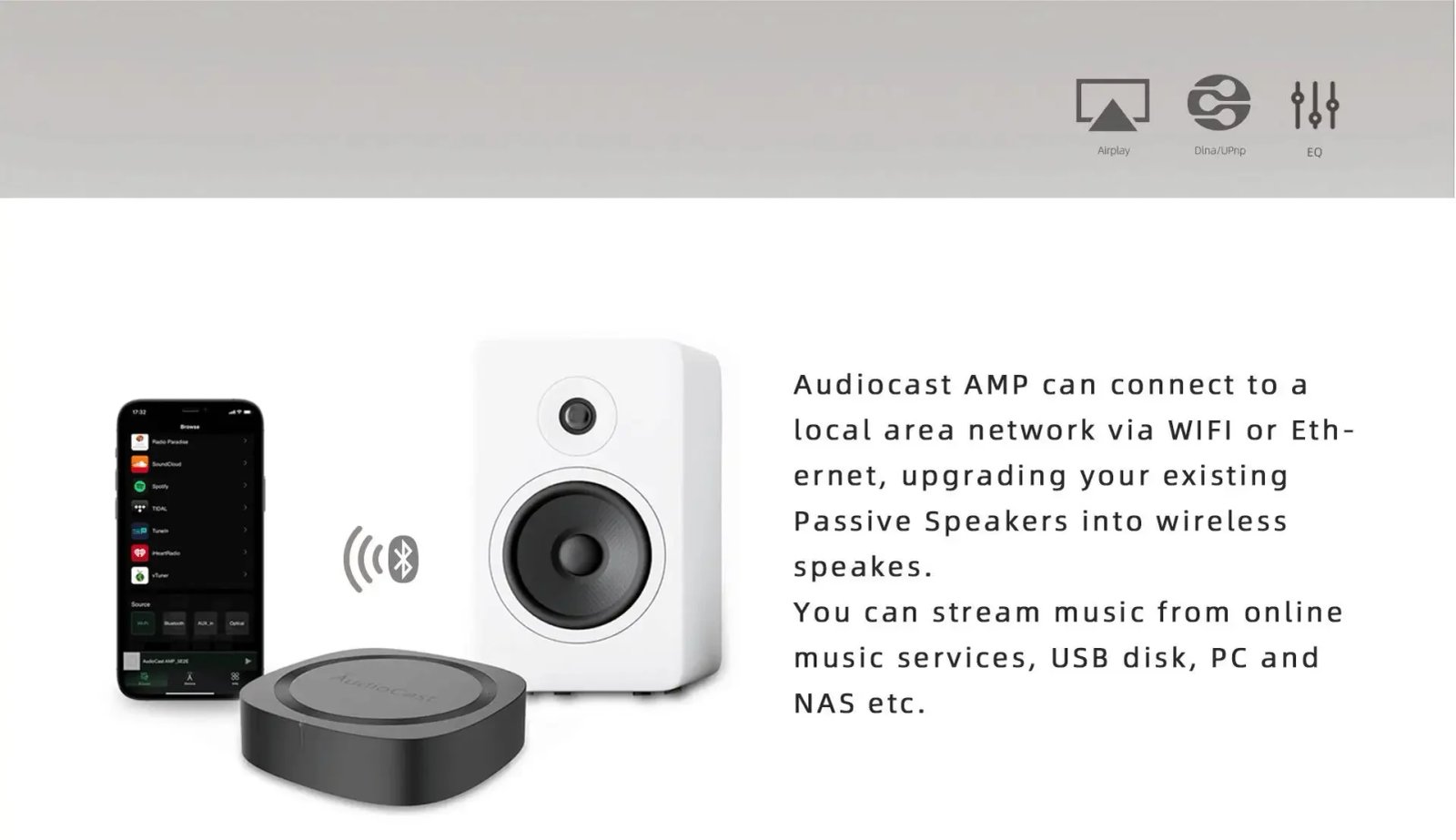 IEAST Audiocast AMP50 Airplay Wireless WiFi Bluetooth 5 Amplifier Audio Receiver, amp80 Same Model, Lossless Multi-Room DLNA, UP