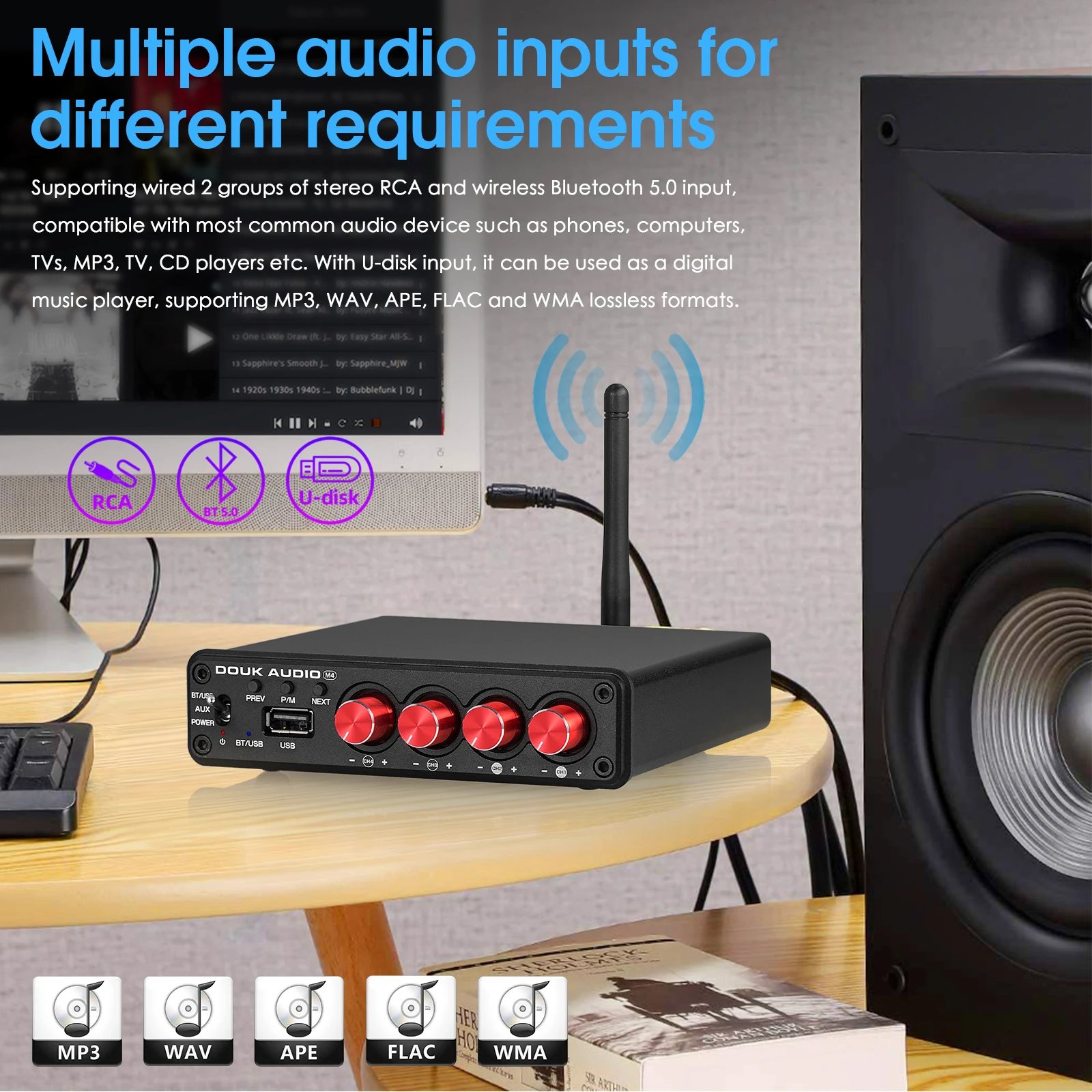 Douk Audio M4 Mini 2/4 Channel Bluetooth 5.0 Digital Amplifier Stereo Audio Receiver Desktop Audio Amp USB Music Player 50W*4 Douk Audio M4 Mini 2/4 Channel Bluetooth 5.0 Digital Amplifier Stereo Audio Receiver Desktop Audio Amp USB Music Player 50W*4