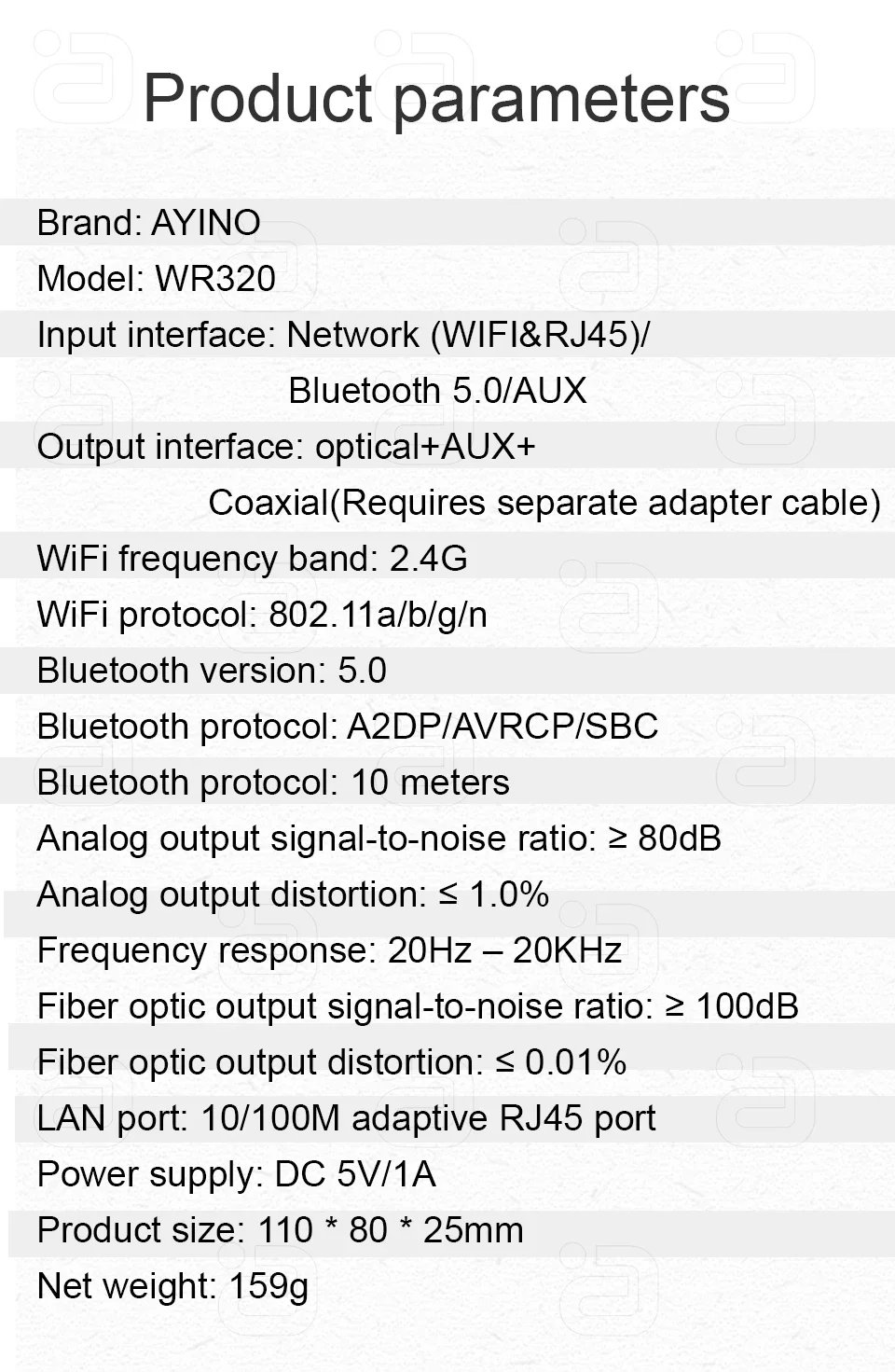 AYINO WR320 WIFI Bluetooth Wireless Audio Receiver for Airplay Spotify DLNA NAS Multiroom Sound Stream Music Box Optical Adapter