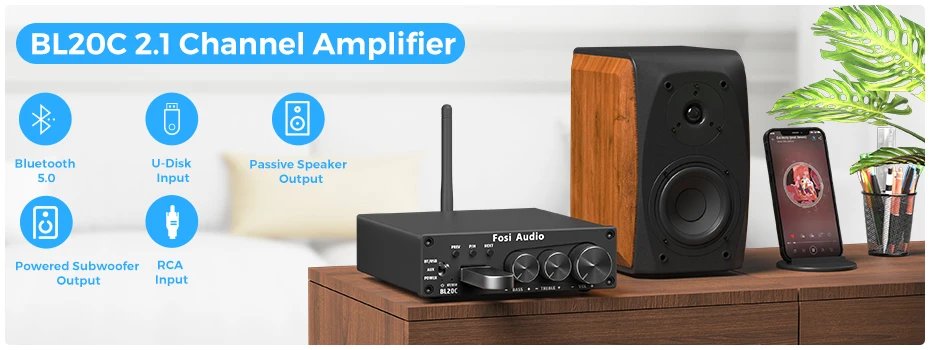 Fosi Audio BT10A Bluetooth 5.0 Stereo Amplifier Receiver Class D Mini HiFi Integrated Amp for Home Speakers 50W*2  Treble & Bass