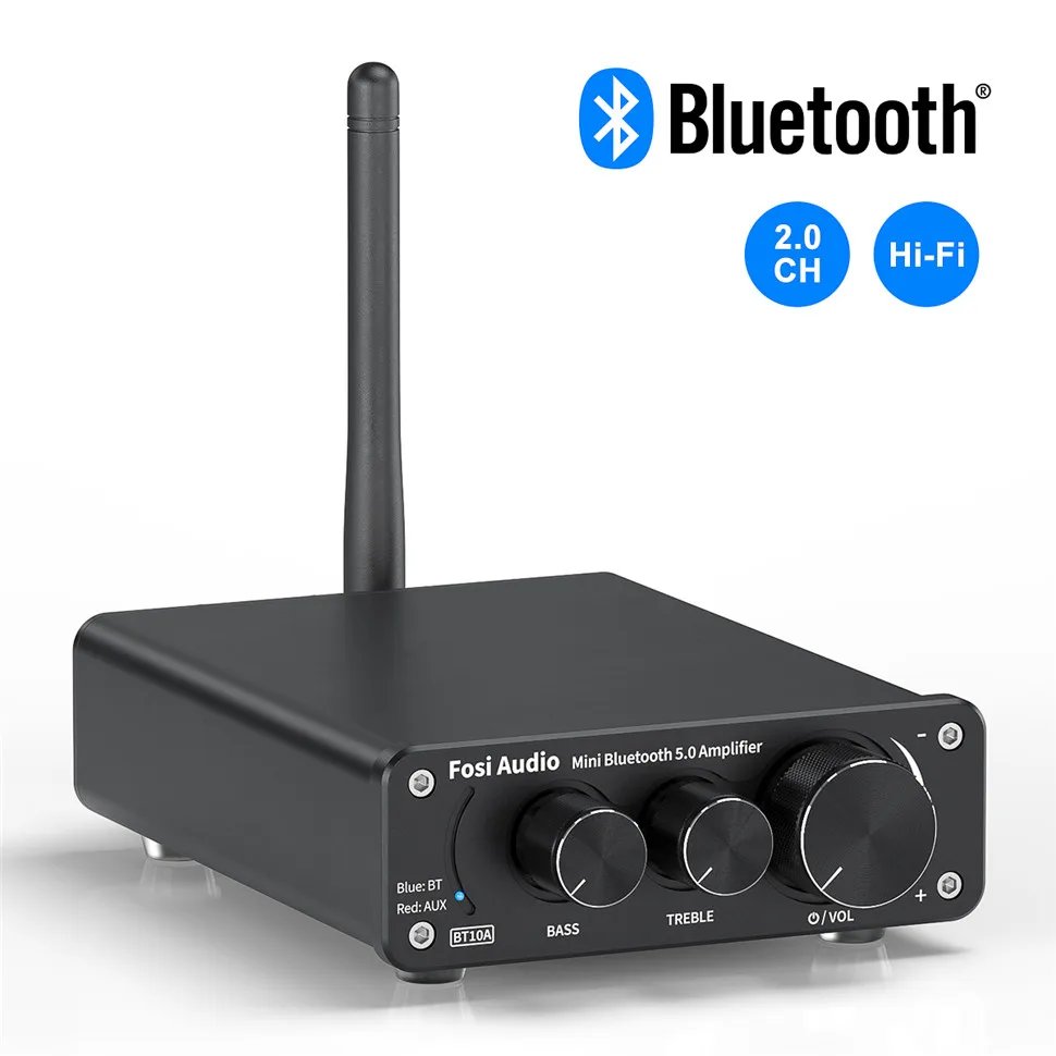Fosi Audio BT10A Bluetooth 5.0 Stereo Amplifier Receiver Class D Mini HiFi Integrated Amp for Home Speakers 50W*2  Treble & Bass