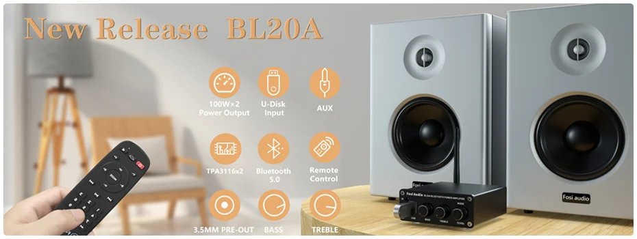 Fosi Audio BT10A Bluetooth 5.0 Stereo Amplifier Receiver Class D Mini HiFi Integrated Amp for Home Speakers 50W*2  Treble & Bass