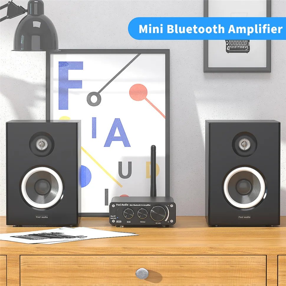 Fosi Audio BT10A Bluetooth 5.0 Stereo Amplifier Receiver Class D Mini HiFi Integrated Amp for Home Speakers 50W*2  Treble & Bass