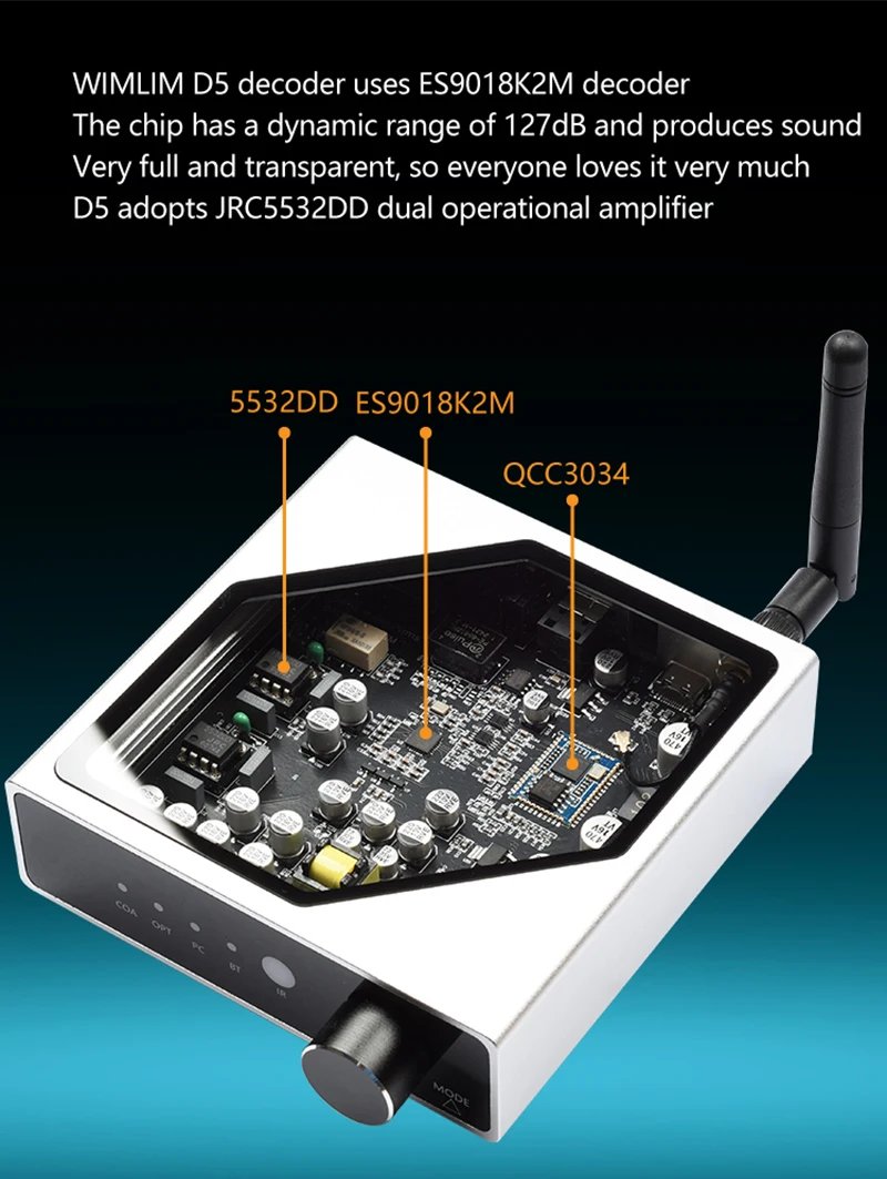 Lossless Digital Audio Decoder HIFI Bluetooth Receiver ES9018K2M DAC QCC3040 Bluetooth 5.2 Digital Optical Coaxial Input