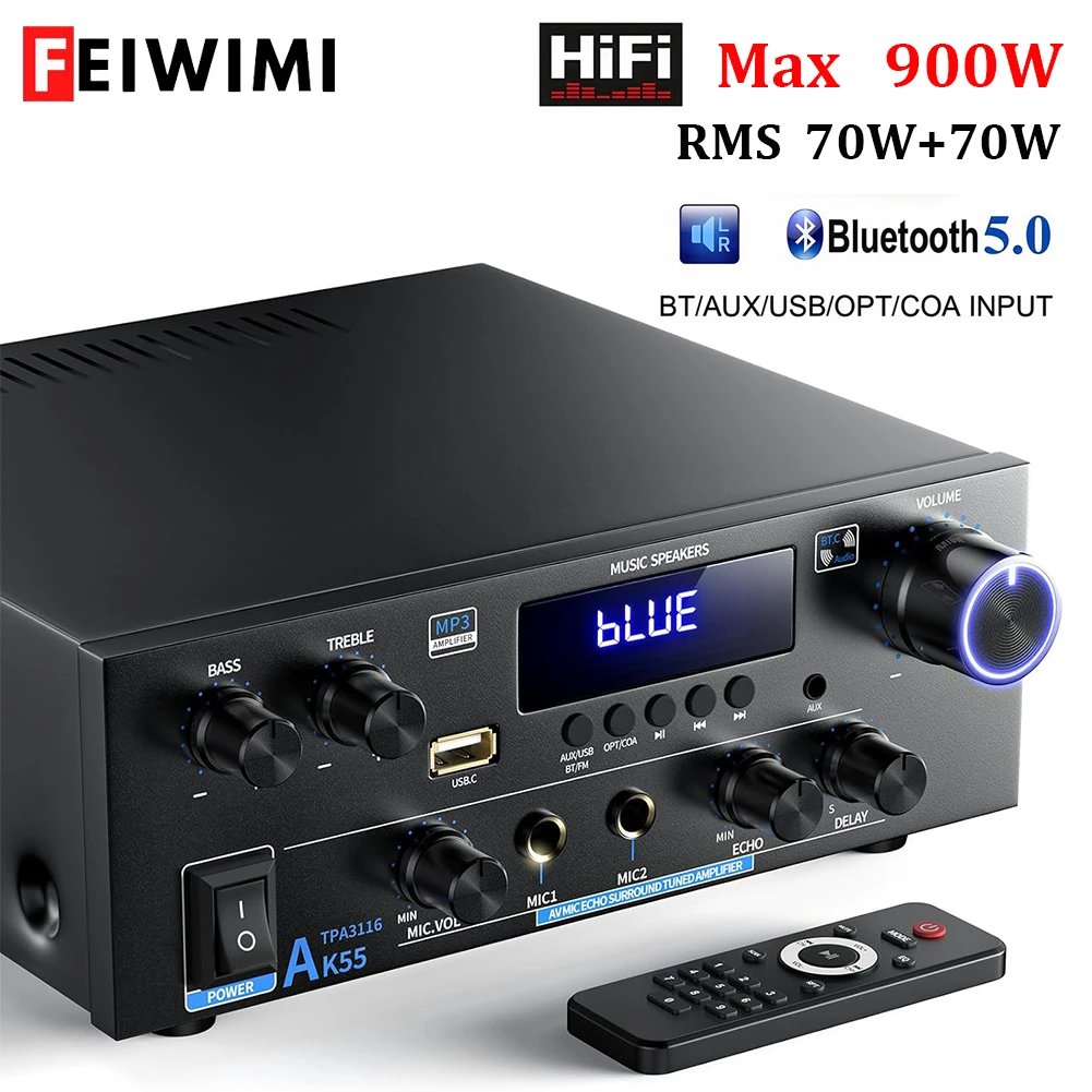 AK55 Stereo Audio Amplifier Sound Channel 2.0 Digital Bluetooth Receiver AMP RMS 70W+70W FM USB for Car Home Theater Karaoke