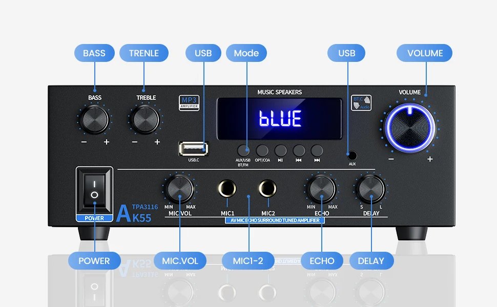 AK55 Stereo Audio Amplifier Sound Channel 2.0 Digital Bluetooth Receiver AMP RMS 70W+70W FM USB for Car Home Theater Karaoke AK55 Stereo Audio Amplifier Sound Channel 2.0 Digital Bluetooth Receiver AMP RMS 70W+70W FM USB for Car Home Theater Karaoke