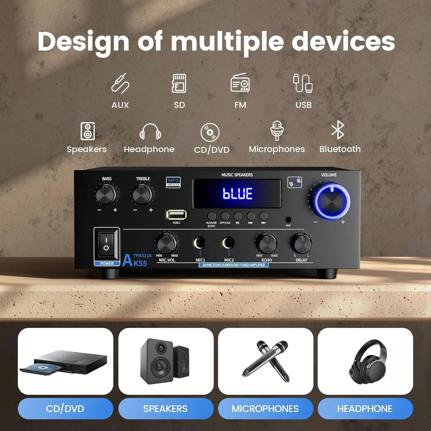 AK55 Stereo Audio Amplifier Sound Channel 2.0 Digital Bluetooth Receiver AMP RMS 70W+70W FM USB for Car Home Theater Karaoke - Image 3