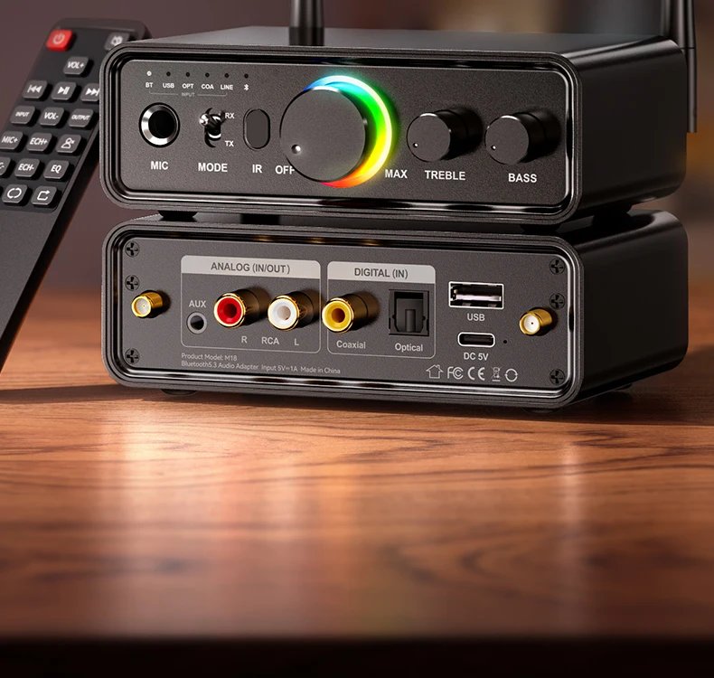 Multi-function Bluetooth 5.3 Audio Adapter RGB Wireless Transmitter Receiver DAC IR Control 6.5MM Mic Concert Level For Karaoke