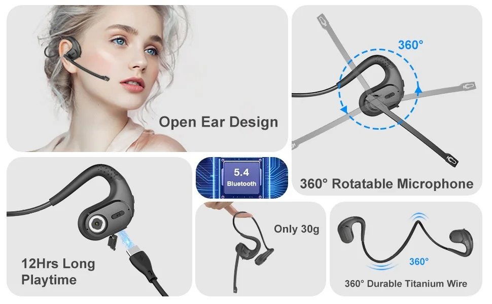 Open Ear Noise Cancelling Headset Wireless Bluetooth ENC Call Noise Elimination Computer Headphone Wireless with Boom Microphone Open Ear Noise Cancelling Headset Wireless Bluetooth ENC Call Noise Elimination Computer Headphone Wireless with Boom Microphone