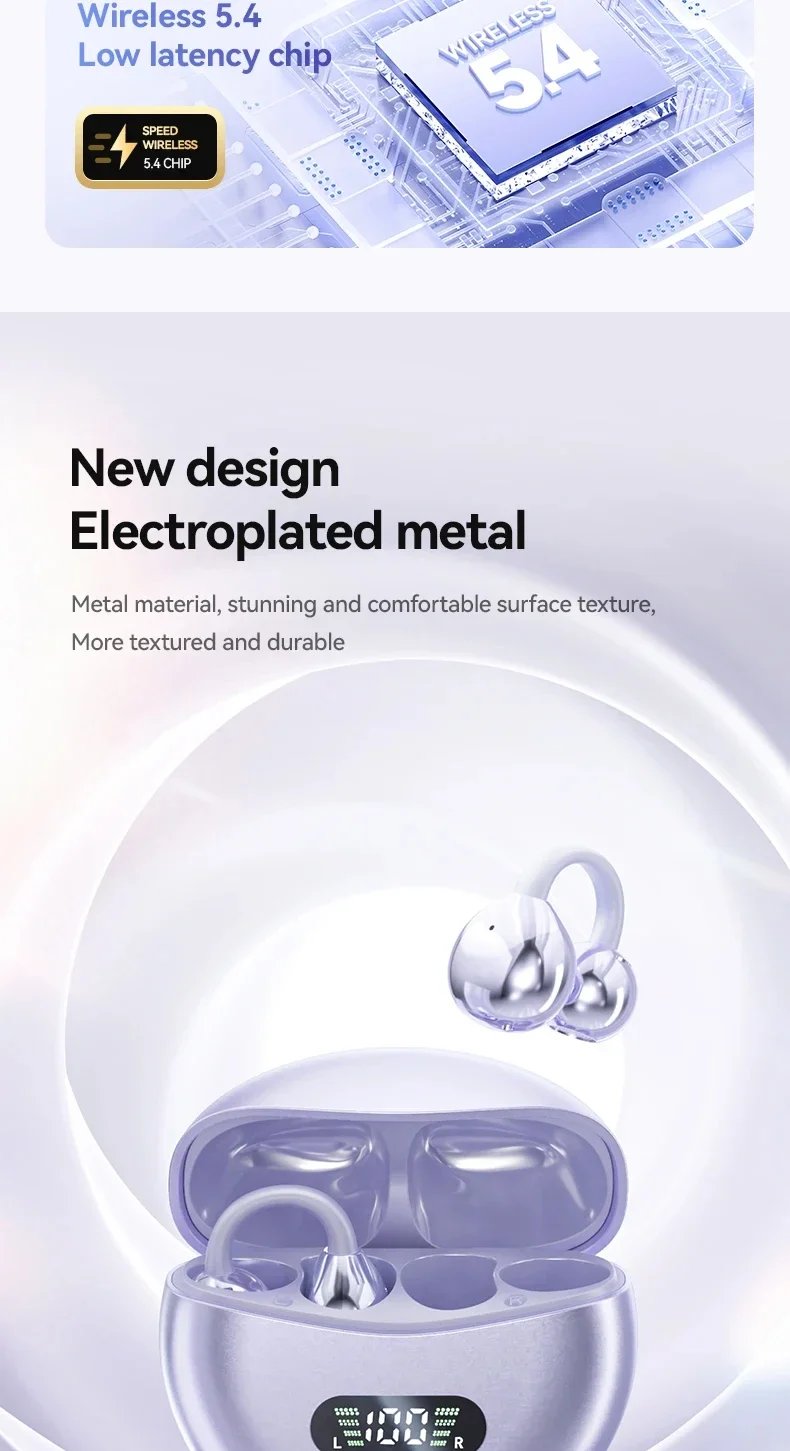 M79 Wireless Clip-On Earphones Bluetooth5.4 with Charging Case & LED Power Display Long Battery Life High-Quality Game Sports