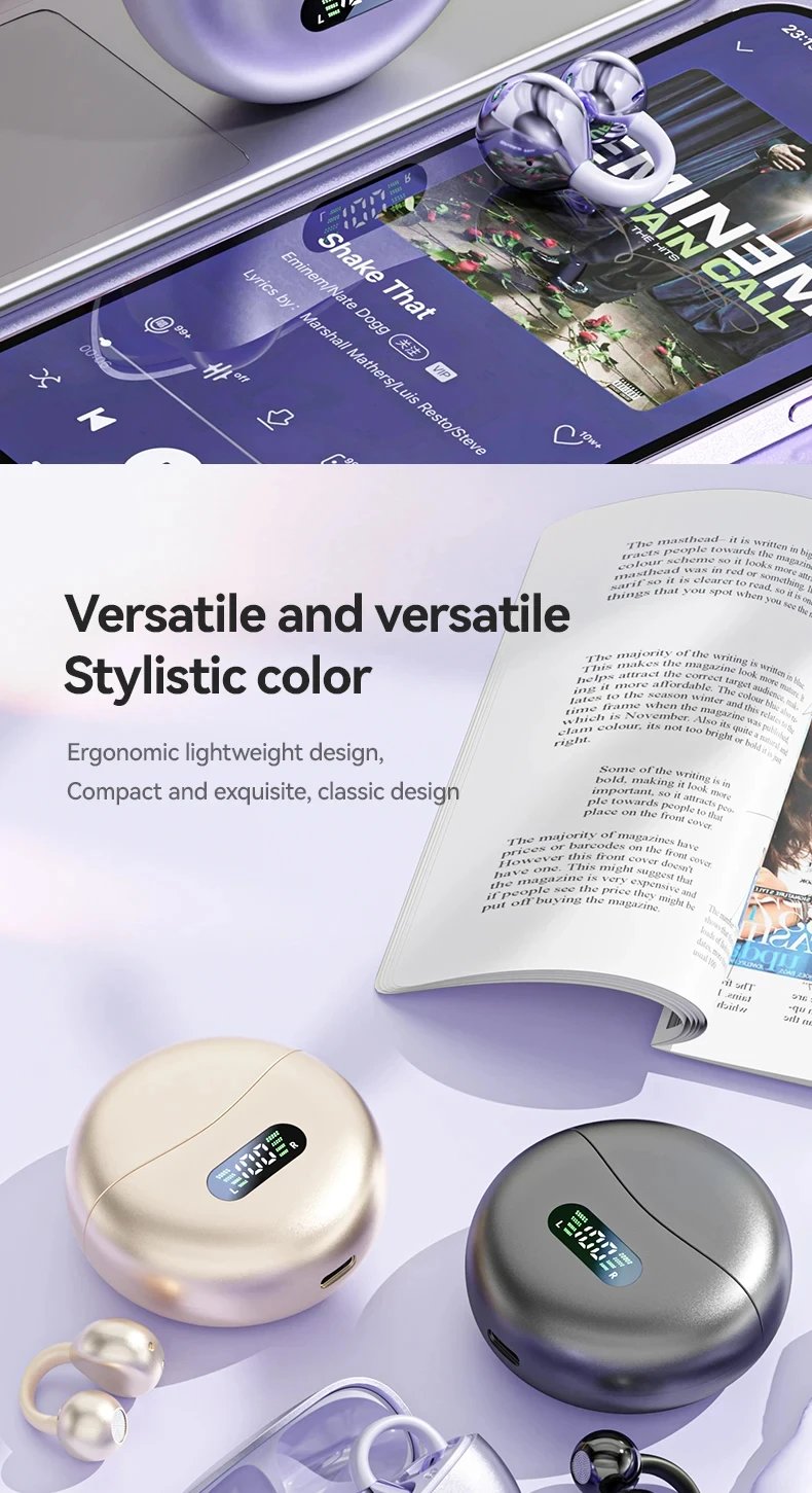 M79 Wireless Clip-On Earphones Bluetooth5.4 with Charging Case & LED Power Display Long Battery Life High-Quality Game Sports