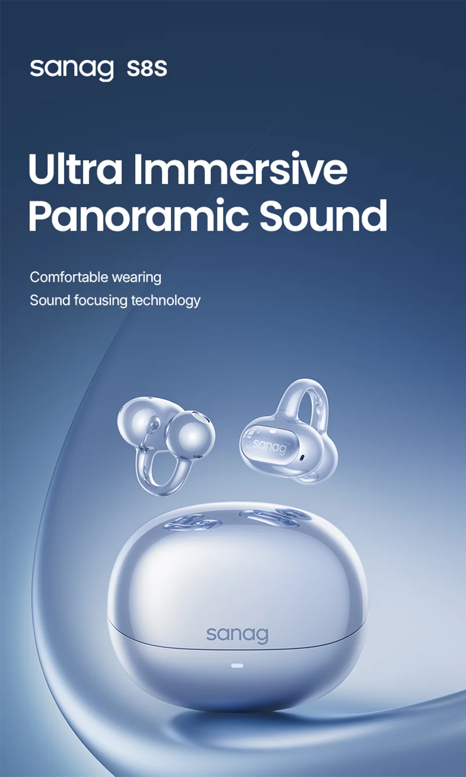 Sanag S8S AI Open Ear Clip on Headphones HiFi Lossless Sound Quality AI Translation Wireless Bluetooth Earphones Panoramic Sound