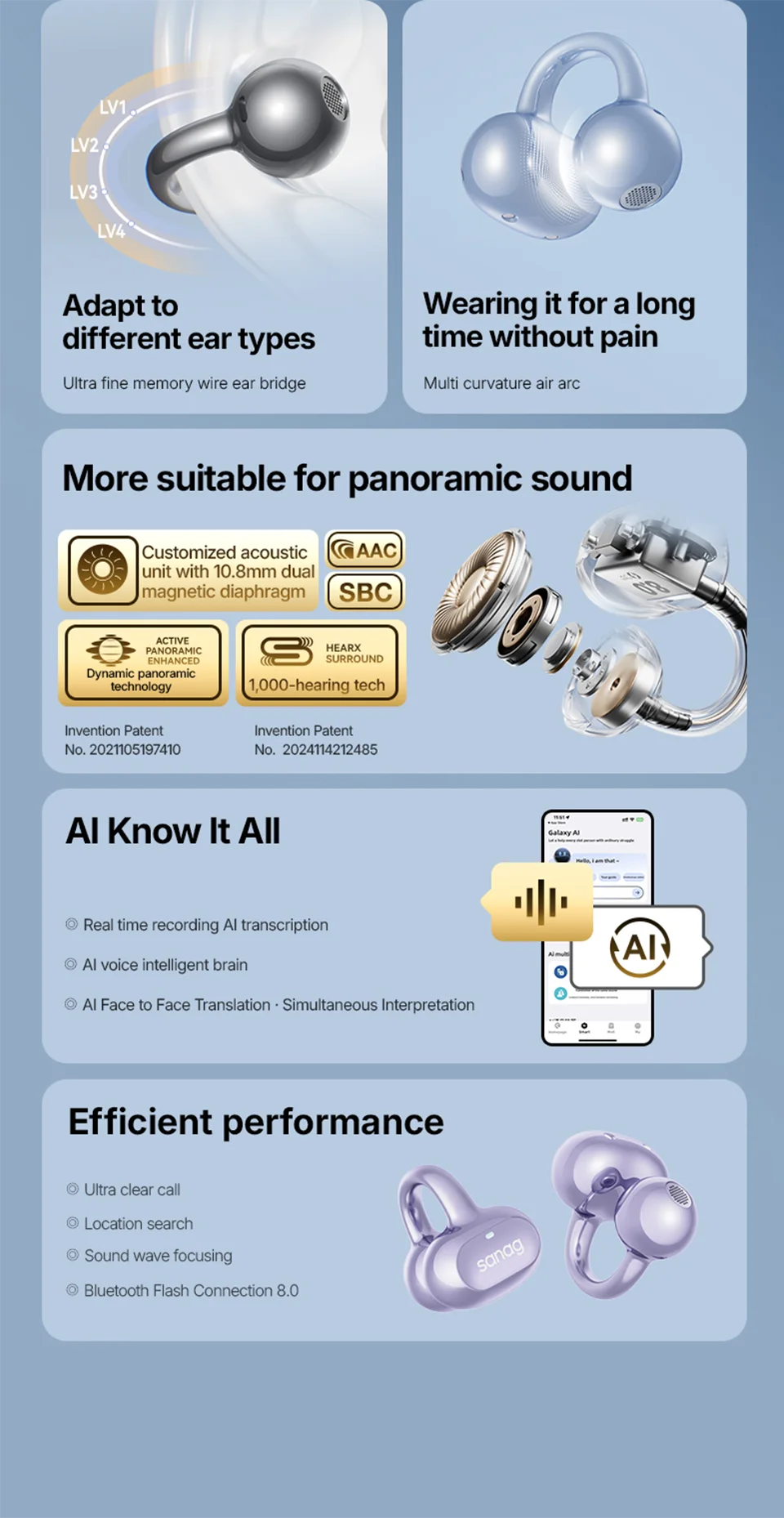 Sanag S8S AI Open Ear Clip on Headphones HiFi Lossless Sound Quality AI Translation Wireless Bluetooth Earphones Panoramic Sound