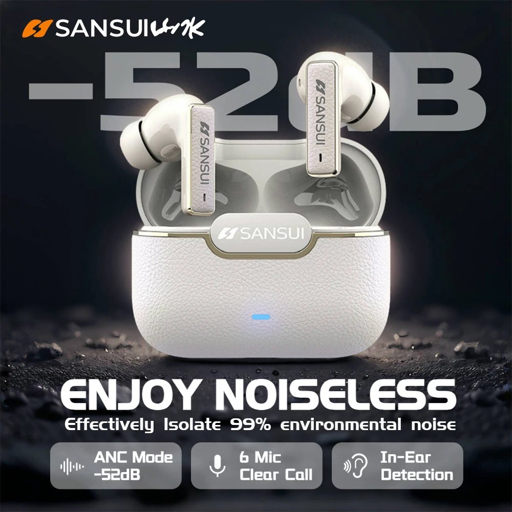 Sansui ANC Bluetooth TWS Earbuds -52dB Active Noise Cancelling Bluetooth 5.4 Headphone Ture Wireless Earphones 6 Mic HD Calls