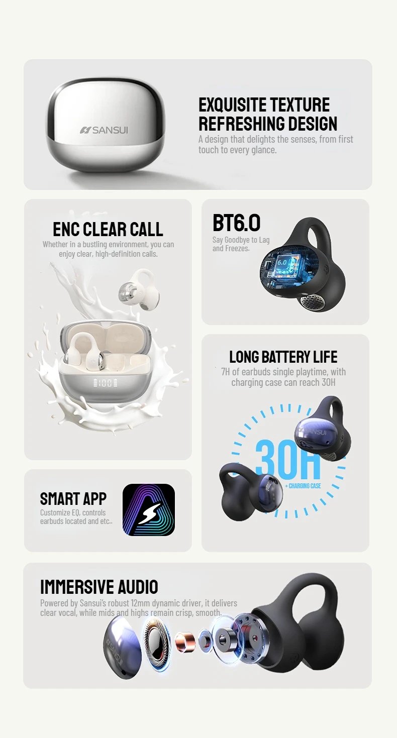 SANSUI W68 OWS Ear Clip Headphones High Quality Wireless Bluetooth Earphones Air Conduction TWS Wireless Earbuds with Smart APP SANSUI W68 OWS Ear Clip Headphones High Quality Wireless Bluetooth Earphones Air Conduction TWS Wireless Earbuds with Smart APP