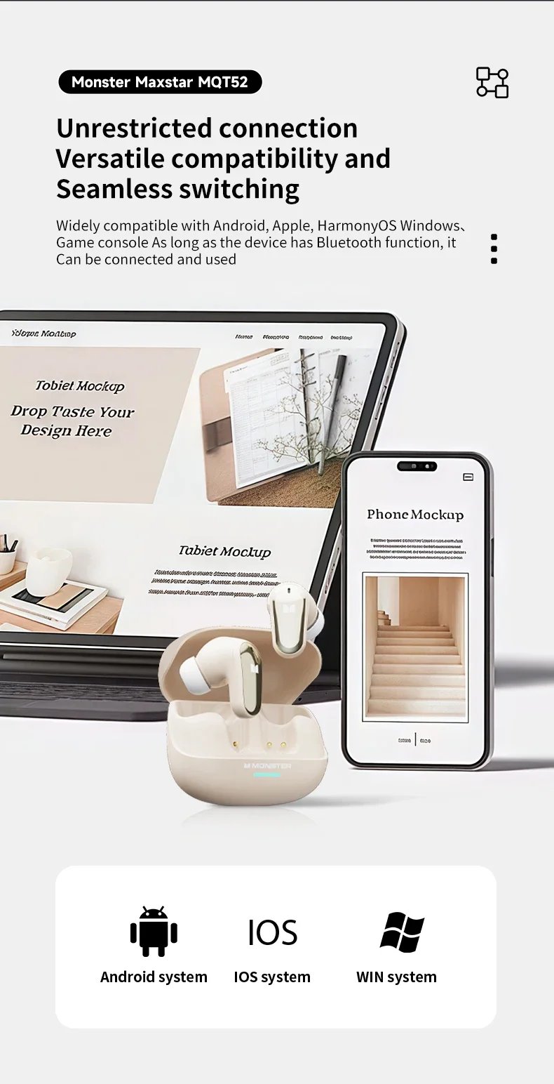 New Monster MQT52 TWS Wireless Gaming Headset Bluetooth 5.4 HIFI Stereo Music Earphones Talking Noise Canceling Earbuds New Monster MQT52 TWS Wireless Gaming Headset Bluetooth 5.4 HIFI Stereo Music Earphones Talking Noise Canceling Earbuds