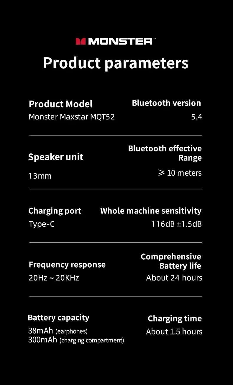 New Monster MQT52 TWS Wireless Gaming Headset Bluetooth 5.4 HIFI Stereo Music Earphones Talking Noise Canceling Earbuds New Monster MQT52 TWS Wireless Gaming Headset Bluetooth 5.4 HIFI Stereo Music Earphones Talking Noise Canceling Earbuds
