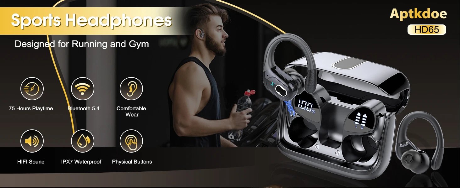 Wireless Earbuds Bluetooth 5.4, 75H Playtime Hi-Fi Stereo Deep Bass, ENC Mic IPX7 Waterproof Earhooks Sport Earphones.