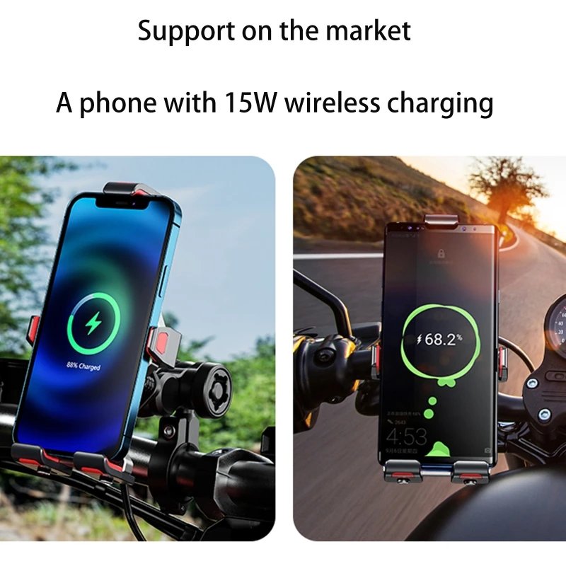 Motorcycle Mobile Phone Holder Shock Absorption Waterproof 15W Wireless Charging Full Aluminum Alloy Motorbike Handlebar Bracket