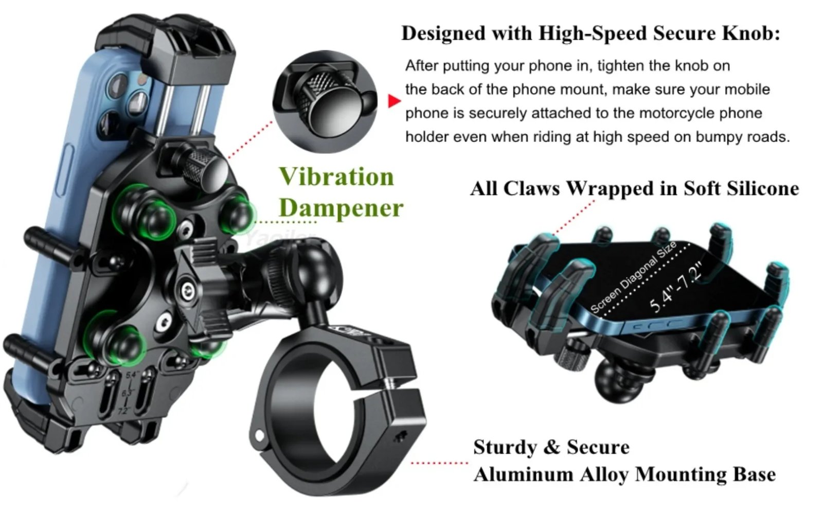 Phone Mount with Vibration Dampener Heavy Duty for UTV Roll Cage Cellphone Holder Fit on 1.5''/1.65''/1.75''/1.85''/2'' Roll Bar
