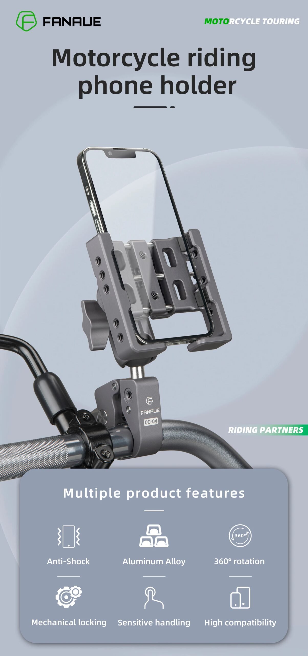 FANAUE Aluminum Motorcycle Phone Holder with Anti Vibration Device 360° Rotation Bike Phone Mount for Motorbike Bicycle ATV/UTV