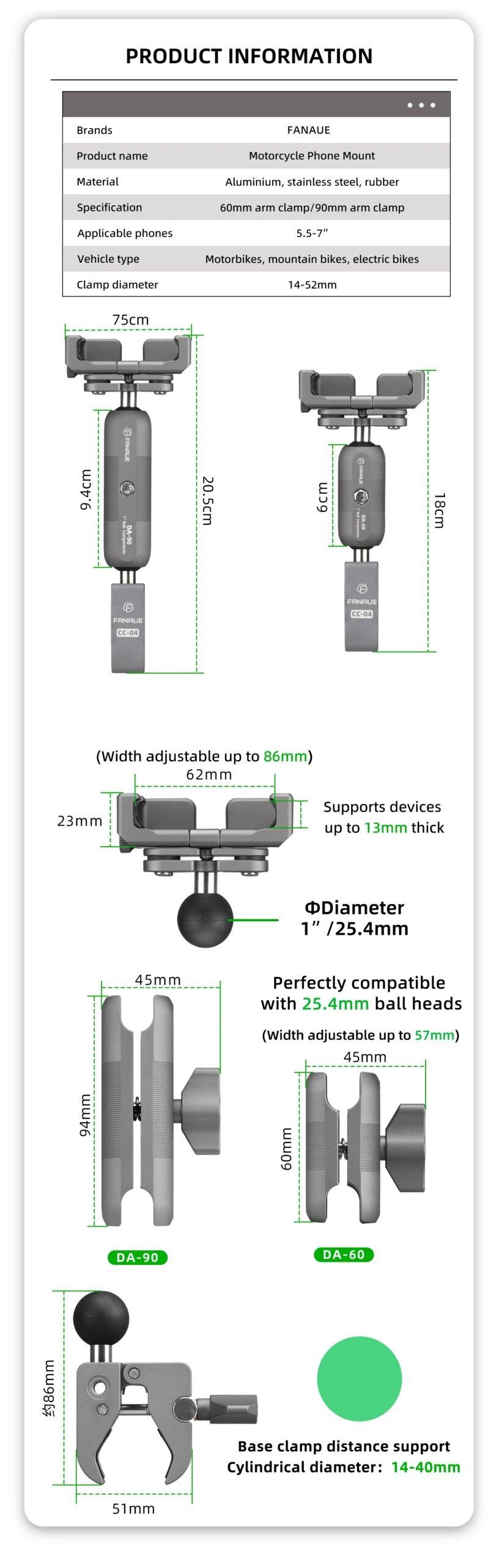 FANAUE Aluminum Motorcycle Phone Holder with Anti Vibration Device 360° Rotation Bike Phone Mount for Motorbike Bicycle ATV/UTV FANAUE Aluminum Motorcycle Phone Holder with Anti Vibration Device 360° Rotation Bike Phone Mount for Motorbike Bicycle ATV/UTV