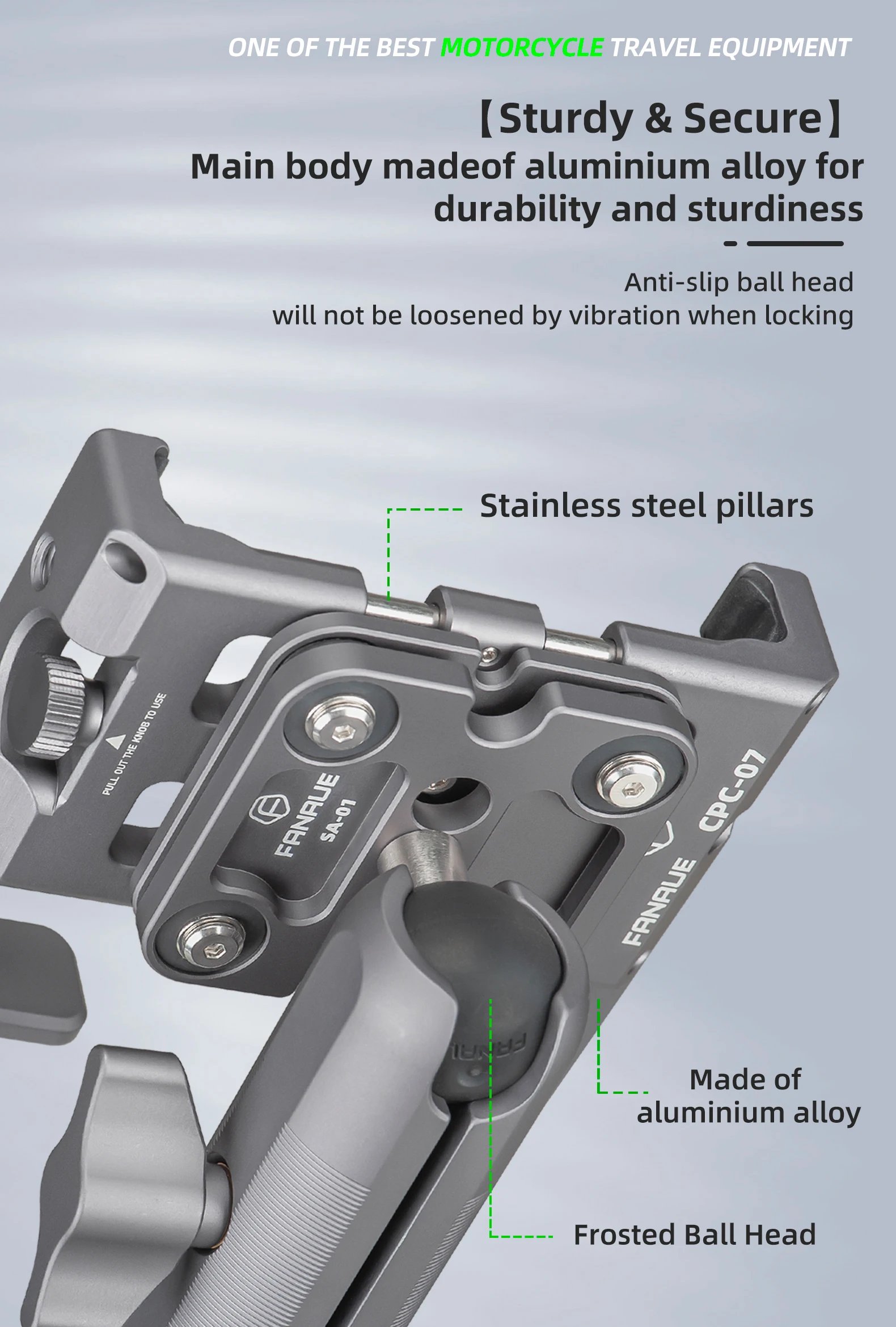 FANAUE Aluminum Motorcycle Phone Holder with Anti Vibration Device 360° Rotation Bike Phone Mount for Motorbike Bicycle ATV/UTV