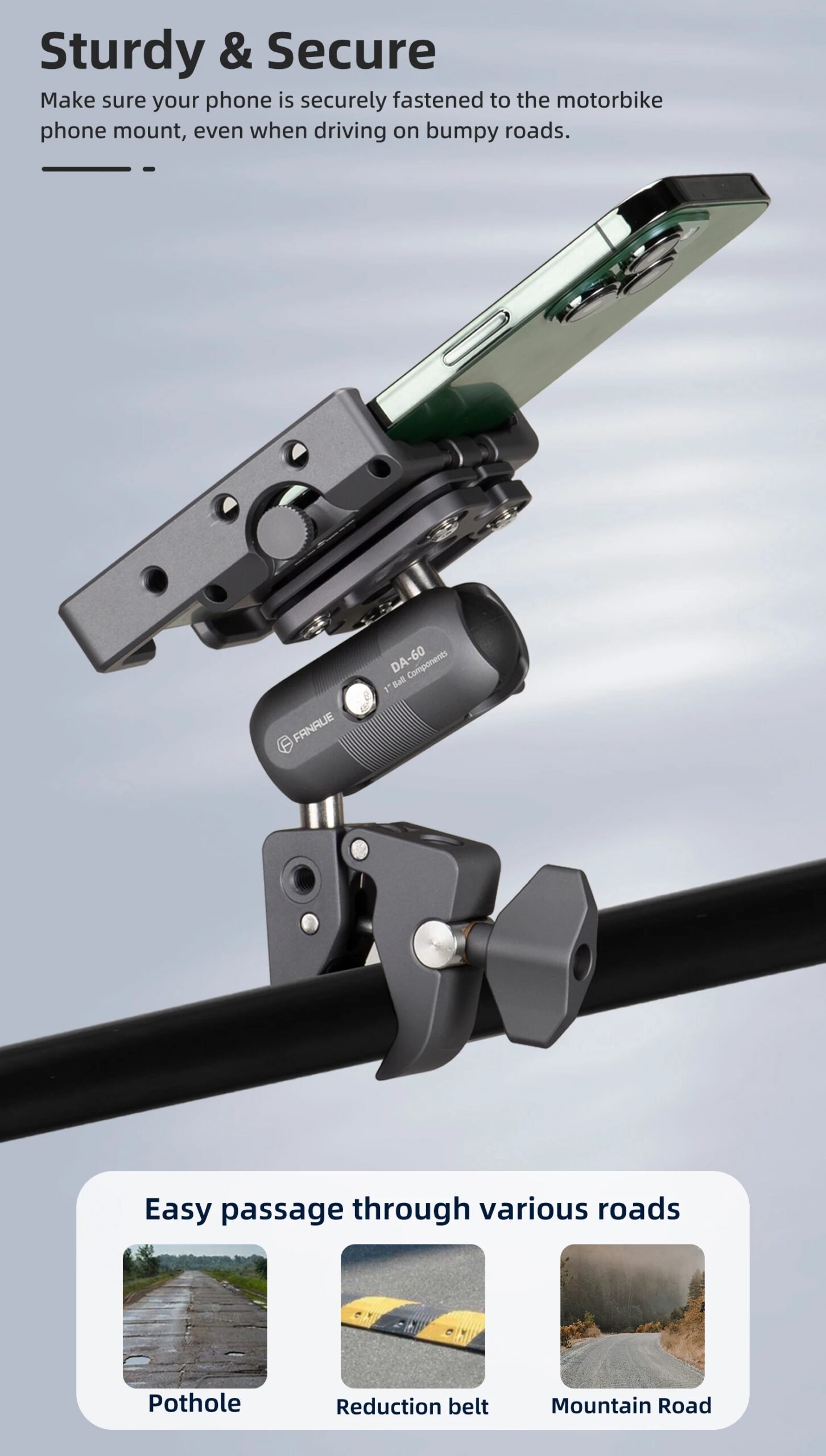 FANAUE Aluminum Motorcycle Phone Holder with Anti Vibration Device 360° Rotation Bike Phone Mount for Motorbike Bicycle ATV/UTV