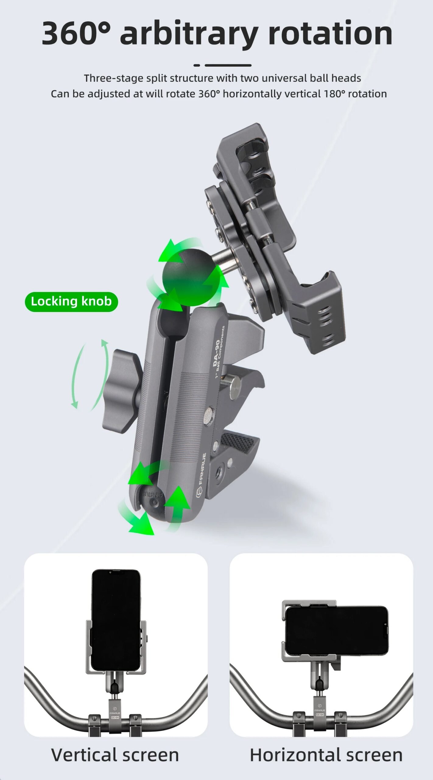 FANAUE Aluminum Motorcycle Phone Holder with Anti Vibration Device 360° Rotation Bike Phone Mount for Motorbike Bicycle ATV/UTV