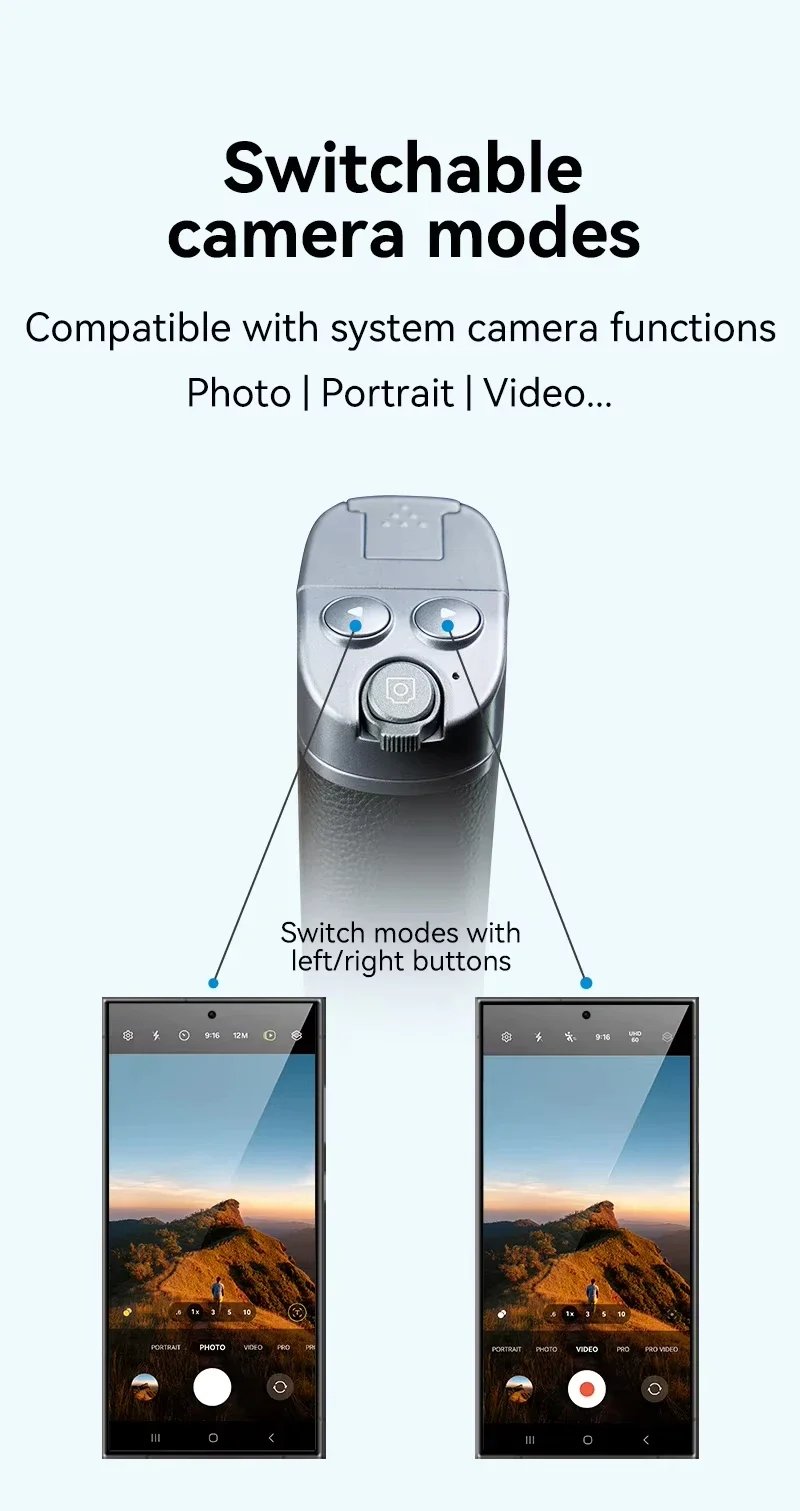 Phone Camera Grip with Bluetooth, Hidden Selfie Stick Stand Multi-Mode Control Universal Fit for IPhone/Android - Vlog Essential