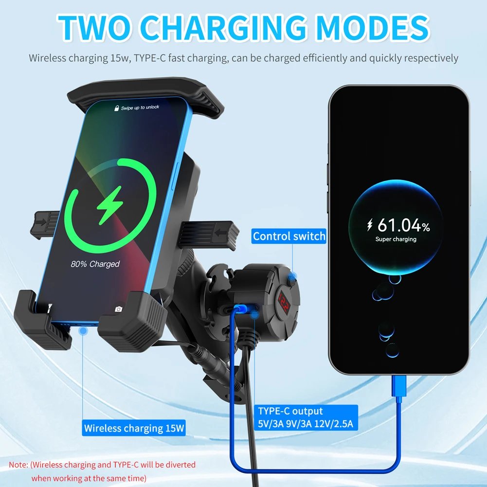 15W Wireless Charging Electric Vehicle Riding Navigation Holder Fast Charger Motorcycle Phone Mount for Bike Motorcycle Scooter