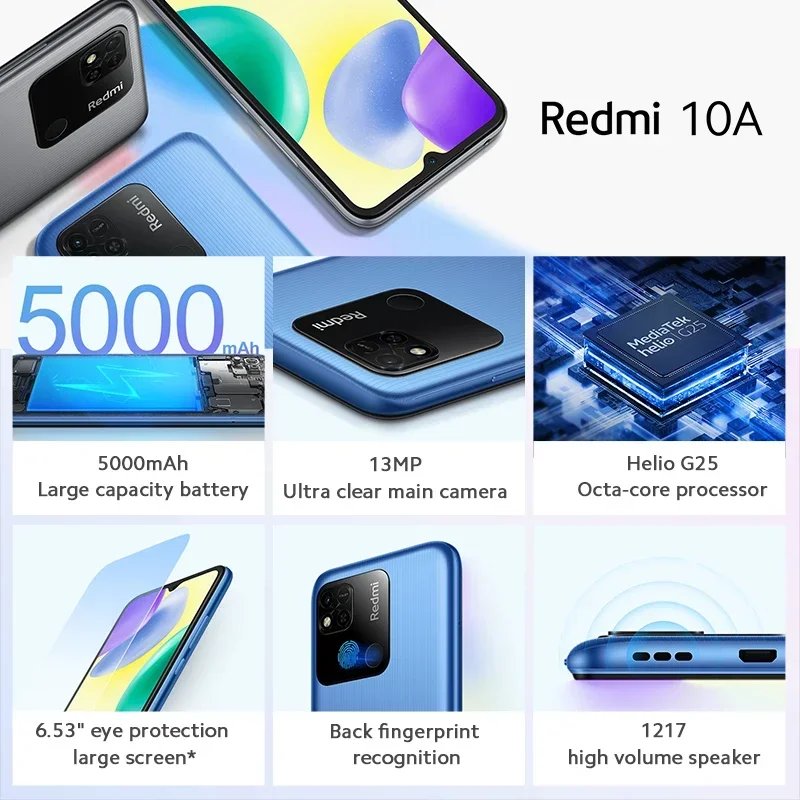 Xiaomi Redmi 10A 4G Smartphone 4GB 64GB Helio G25 Octa Core 6.53' HD Display 13MP Fingerprint 5000mAh Cellphone Global Rom