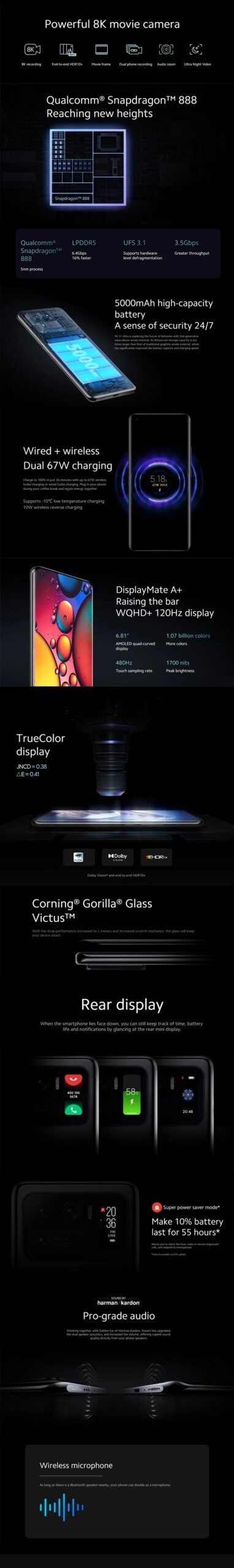 Global firmware Xiaomi Mi 11 Ultra Smartphone 5G 5000mAh Battery No charger Snapdragon 888 Octa-core 50MP Camera used phone