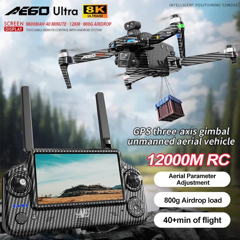 AE60 Profesional Drone with 8K HD Camera 3-axis Gimbal Aerial Photography 20KM Obstacle Avoidance  Airdrop LED Screen FPV Drones