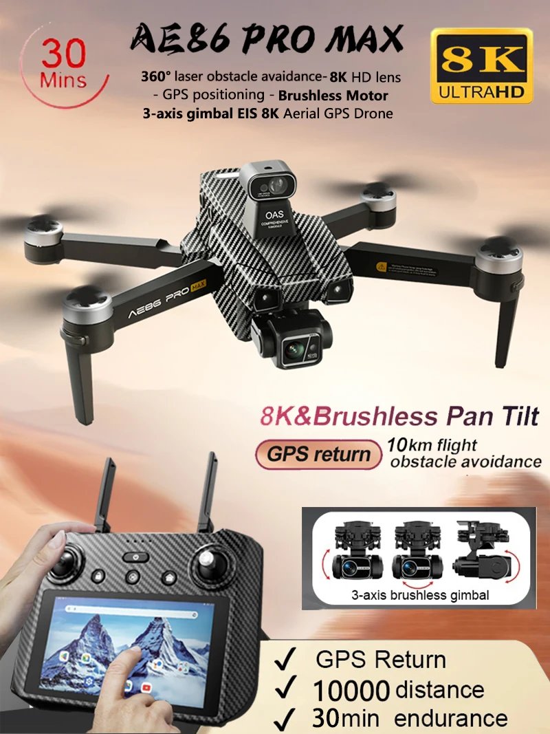 New AE86 PRO MAX Drone Professional aerial photography HD 8K With Screen Remote Control 10KM Obstacle Avoidance Fishing FPV Dron