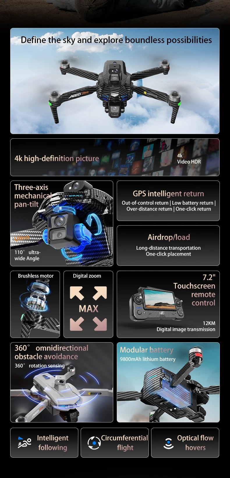 Ae60 Lcd Screen Controlled Three-Axis Pan-Tilt Unmanned Aerial Vehicle Hd Aerial Photography Gps Intelligent Flight Camera Drone