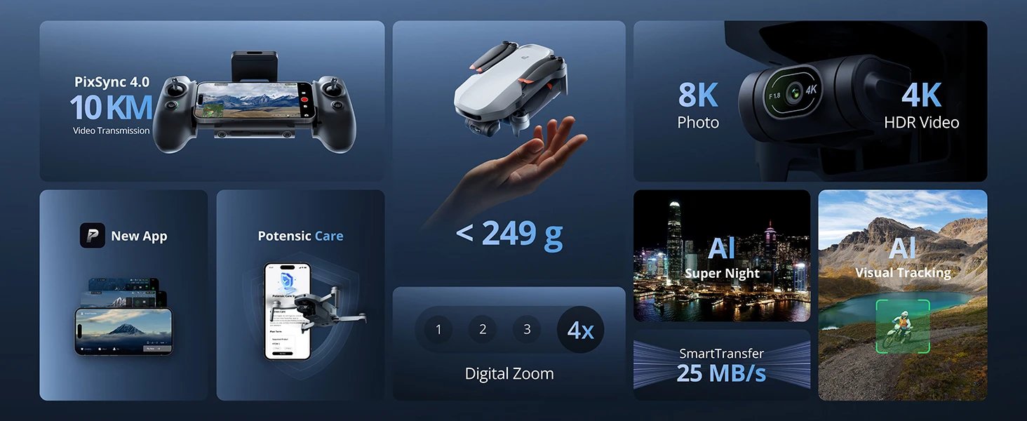 Potensic ATOM 2 Camera Drone, 4K HDR Video, 8K Photo, 3-Axis Gimbal,Under 249g, Vertical Shooting,10-KM, AI Night Shot, AI Track Potensic ATOM 2 Camera Drone, 4K HDR Video, 8K Photo, 3-Axis Gimbal,Under 249g, Vertical Shooting,10-KM, AI Night Shot, AI Track