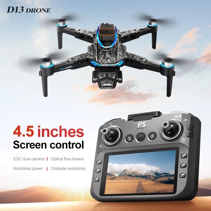 New D13 RC Drone 4K Professional HD Triple Camera 5G WIFI FPV Dron 360° Obstacle Avoidance Brushless Large Screen Quadcopter Toy