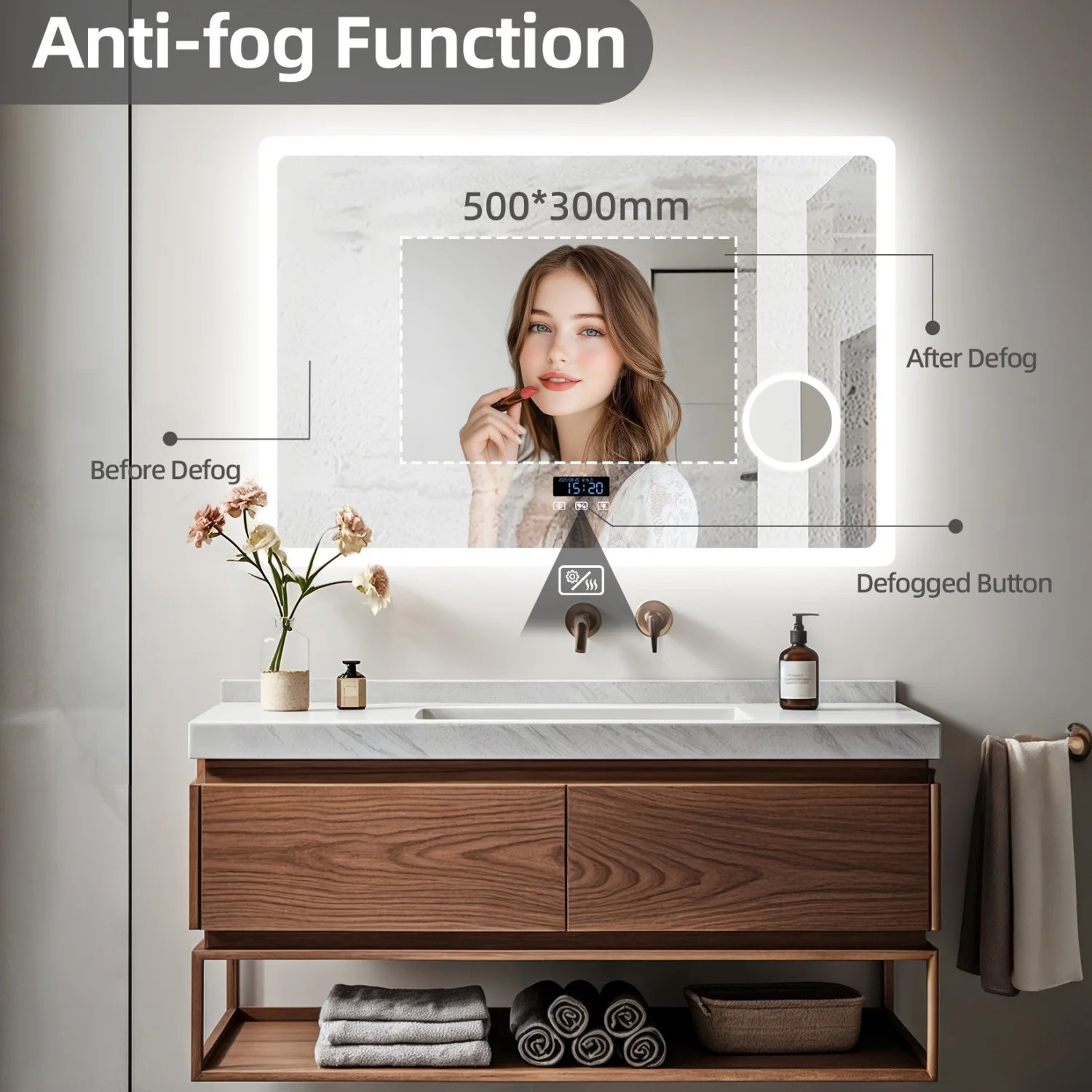 80/100/120/CM LED Bluetooth Bathroom Mirror Touch Antifog with 3X Magnifier Dimmable Date and Time Setting Vanity Mirror