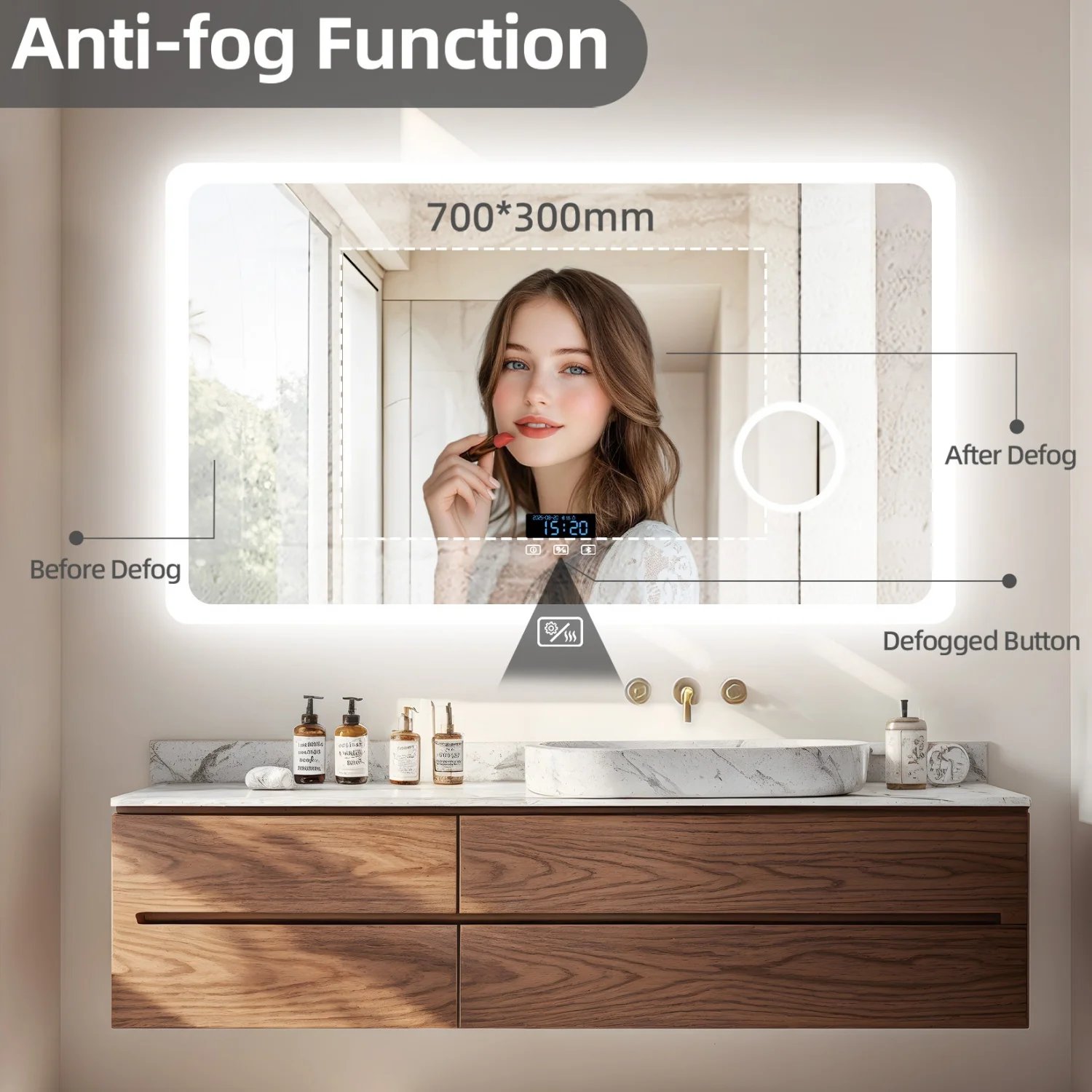80/100/120/CM LED Bluetooth Bathroom Mirror Touch Antifog with 3X Magnifier Dimmable Date and Time Setting Vanity Mirror