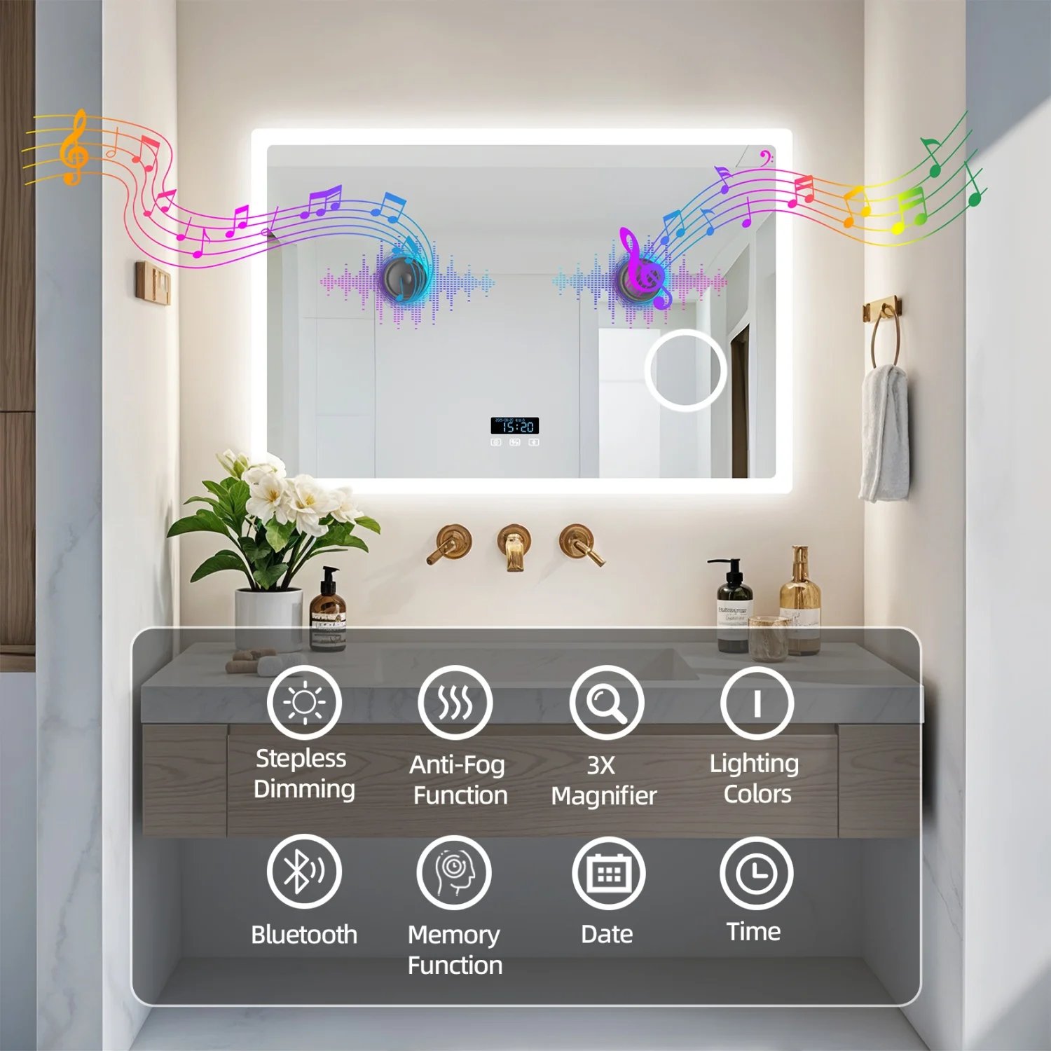 80/100/120/CM LED Bluetooth Bathroom Mirror Touch Antifog with 3X Magnifier Dimmable Date and Time Setting Vanity Mirror