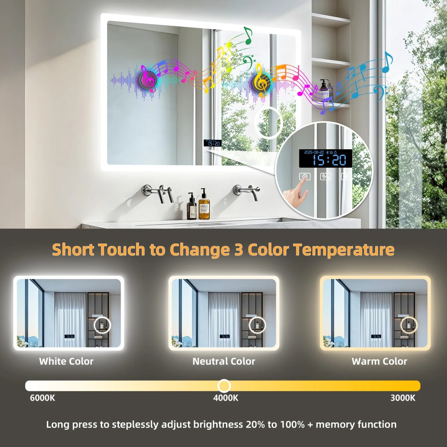 80/100/120/CM LED Bluetooth Bathroom Mirror Touch Antifog with 3X Magnifier Dimmable Date and Time Setting Vanity Mirror