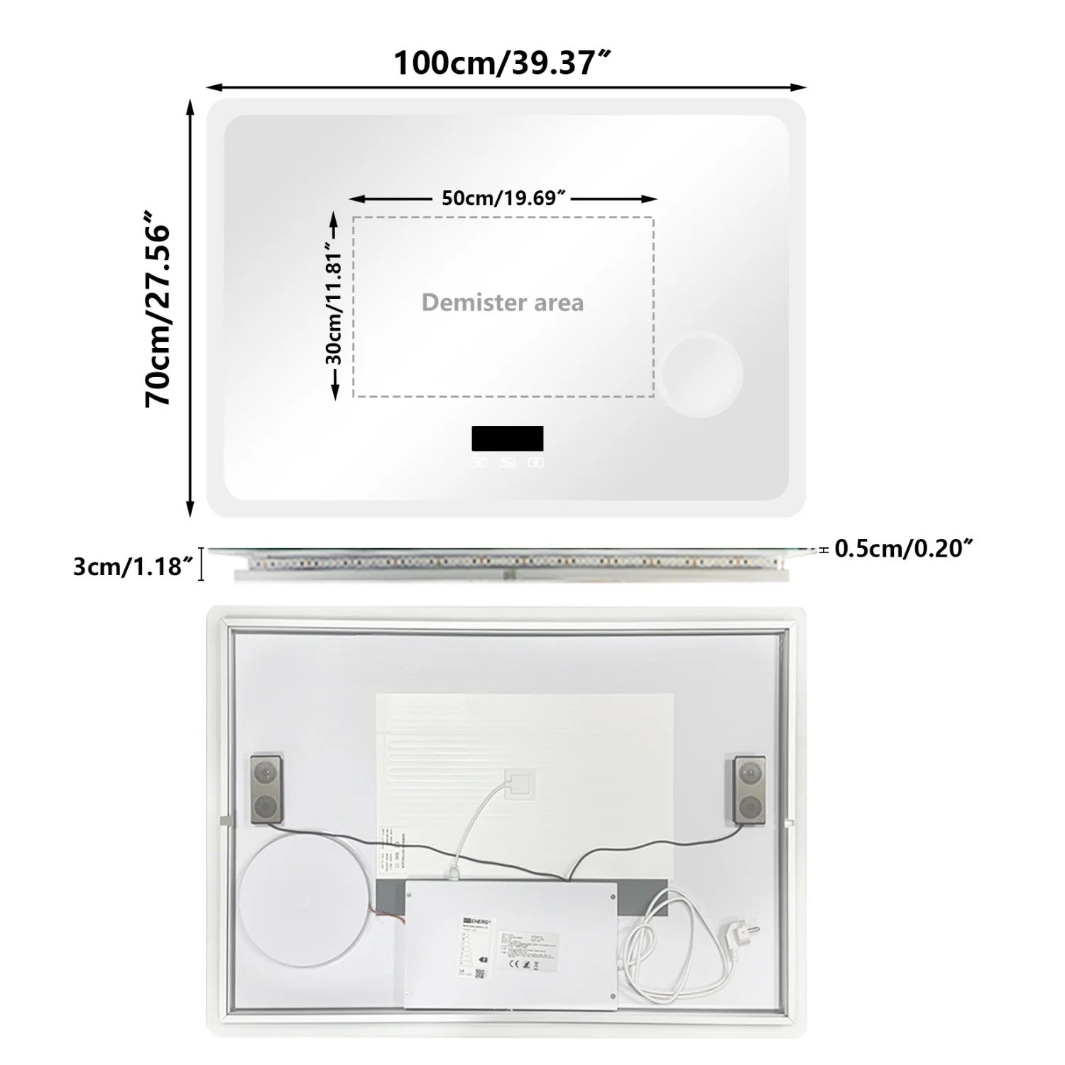 80/100/120/CM LED Bluetooth Bathroom Mirror Touch Antifog with 3X Magnifier Dimmable Date and Time Setting Vanity Mirror