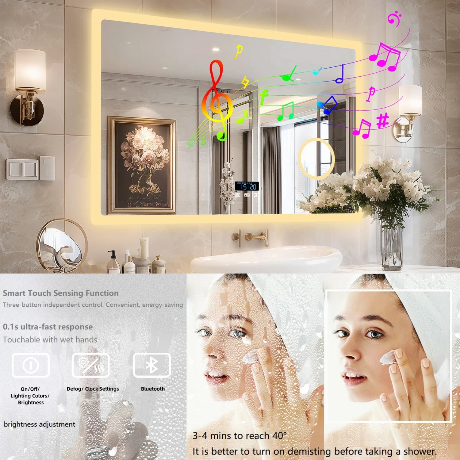 80/100/120/CM LED Bluetooth Bathroom Mirror Touch Antifog with 3X Magnifier Dimmable Date and Time Setting Vanity Mirror