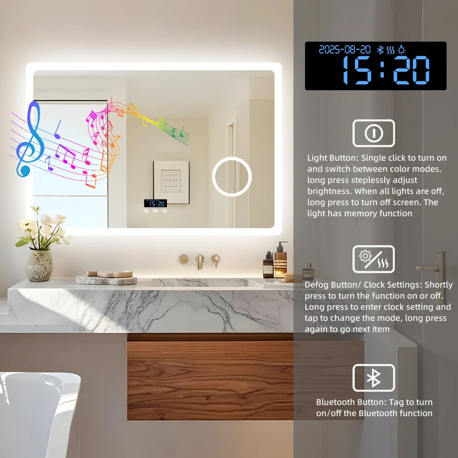 80/100/120/CM LED Bluetooth Bathroom Mirror Touch Antifog with 3X Magnifier Dimmable Date and Time Setting Vanity Mirror
