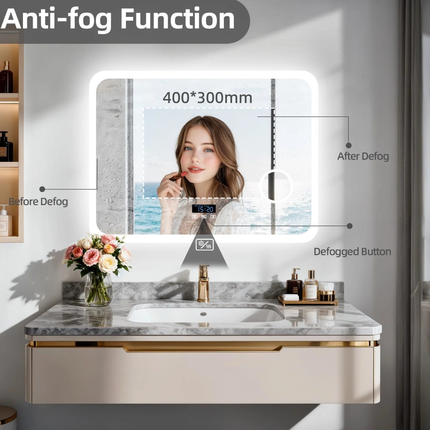 80/100/120/CM LED Bluetooth Bathroom Mirror Touch Antifog with 3X Magnifier Dimmable Date and Time Setting Vanity Mirror